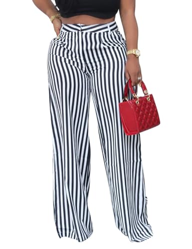 MESLIMA Women's Clubwear Loose Pants Fashion Striped Print Summer Button Closure Wide Leg Long Pants Black, L