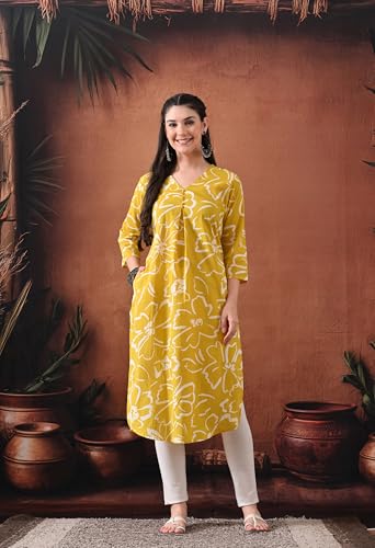 Image of Ichaa Women's Pure Cotton A-Line Ethnic V-Neck Kurta with 3 /4th Sleeve for Daily and Office Wear, in Plus Sizes
