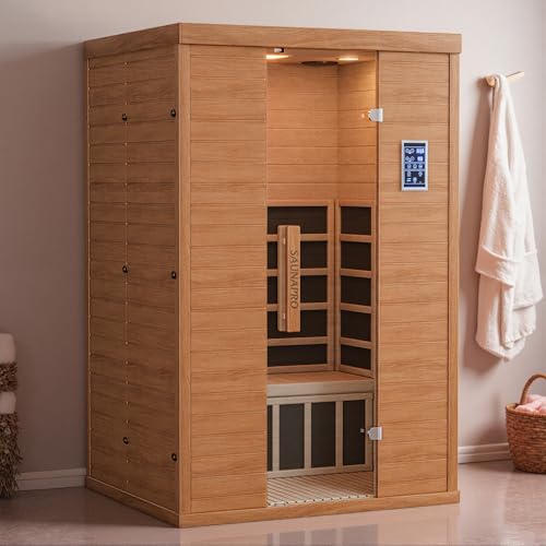 Polar Aurora 2- Person Infrared Sauna, Remotely Controllable Indoor Sauna, Low EMF 1500W/120V LCD Heater, WiFi & BT Control, 9-Color Light Therapy, Safe Flame-Retardant Material, Wood