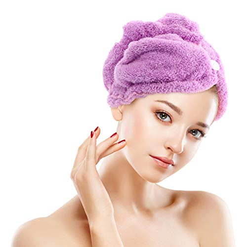 Lurrose Toalha de Cabelo de Lã Coral Envolve Com Botão para Mulheres Cabeça de Turbante de Secagem R