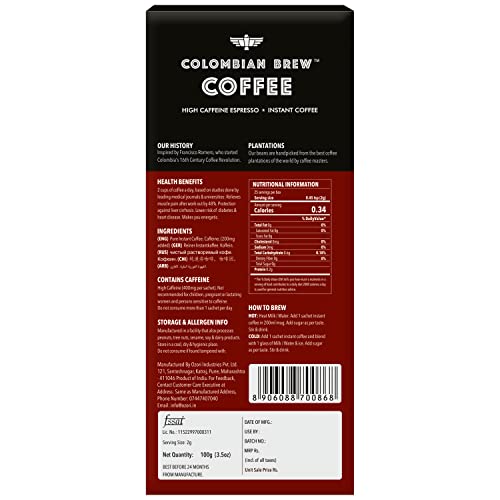 Image of Colombian Brew High Caffeine Espresso Instant Coffee Powder, Strong, 100g Box
