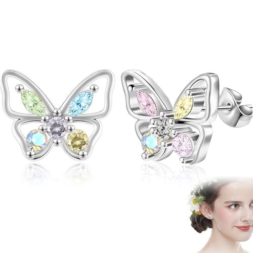 SULIUDAJI Pendientes De Mariposa De Plata De Ley 925 Con Circonitas De Colores Pequeños, Para Niños, Niñas, Niñas, Niñas, Circonita Cúbica
