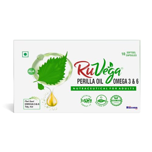 Image of RuVega Plant-Based Omega 3 & 6 Softgel 10 Capsules | Herbal Perilla Oil with ALA | Fish-Free Softgel Nutraceutical for Adults | Vegan Supplements | Supports Heart, Brain, Joint & Skin Health