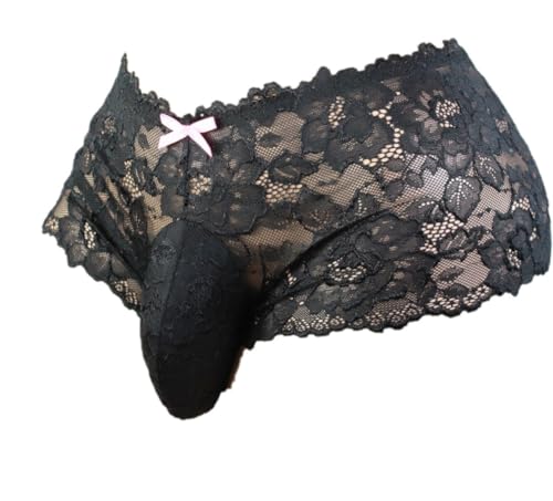 aishani Men's Lingerie Style Underwear - Soft Lace Pouch Briefs Panties,Breathable & Supportive for Everyday Wear,Large Jet-black