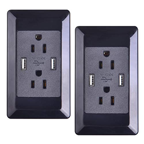 Black Usb Outlets Receptacles,Greencycle 15 Amp 4 In 1 Electrical Outlets With Usb Ports 2 Pack, Usb Charger 2A 5V,Duplex Receptacle 125V Ac,Srewless Usb Wall Outlets With Plates,Etl Certified #TOP5