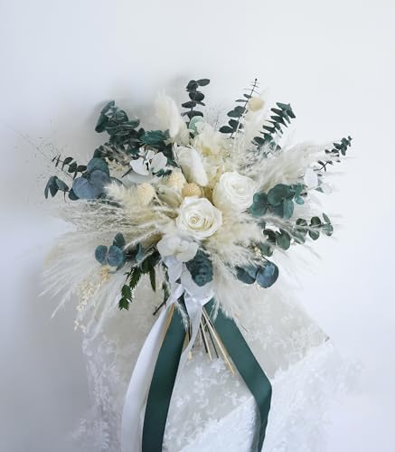Ramo de boda preservado blanco y verde 9 pulgadas