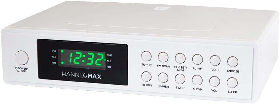 HANNLOMAX HX-155CR Kitchen Clock Radio with Cooking Timer, PLL FM Radio, Digital Clock with Dual Alarm, Red LED Display, Wall Mount or Stand Alone, AC Operation only.