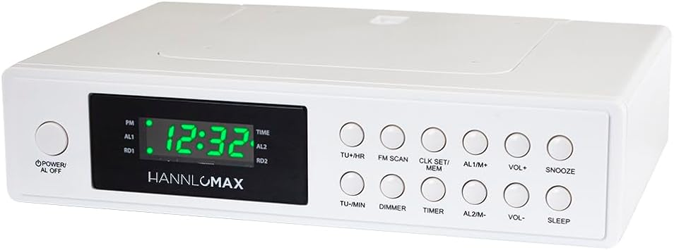 HANNLOMAX HX-155CR Kitchen Clock Radio with Cooking Timer, PLL FM Radio, Digital Clock with Dual Alarm, Green LED Display, Wall Mount or Stand Alone, AC Operation only.