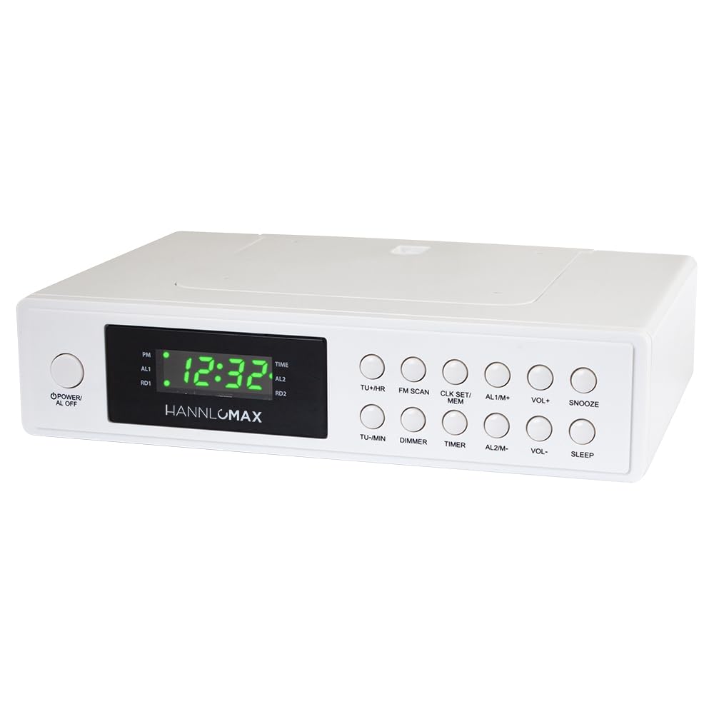 HANNLOMAX HX-155CR Kitchen Clock Radio with Cooking Timer, PLL FM Radio, Digital Clock with Dual Alarm, Green LED Display, Wall Mount or Stand Alone, AC Operation only.
