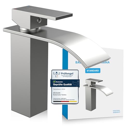 Bächlein Badarmatur Tamina in Wasserfall-Design, Einhebelmischer mit langlebiger Keramikkartusche und Montage-Set, Bad Wasserhahn Edelstahl