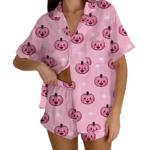 2pcs Halloween Silk Sleepwear Set Cute Pumpkin Print Button Short Sleeve High Elastic Waist Shorts Pajamas Set
