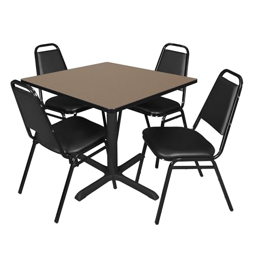 Image of Romig Pillar 42 in. Square Breakroom Table- Noble Oak & 4 Restaurant Stack Chairs- Black