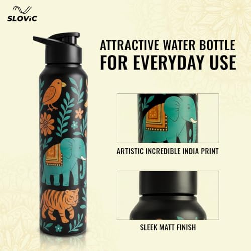 Image of SLOVIC Steel Water Bottle 1 Ltr | Incredible India Design Fridge Water Bottle | 100% BPA Free & leak-Proof | Sipper Water Bottles for Adults | Ideal for Gym, Sports & Camping