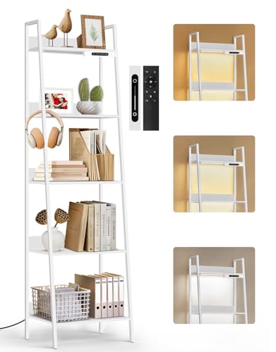 OUTONLIFE Estantería de Escalera Pequeña de 5 Niveles con Luces LED, Control Táctil y Remoto, 3 Temperaturas de Color, Librería Esquinera Alta Regulable de Metal y Madera para Salón y Dormitorio