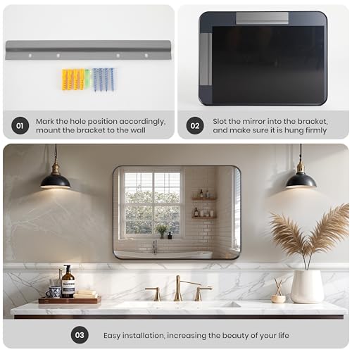 Image of Simple Deluxe Bathroom Mirrors, Black Metal Framed Bedroom Mirror, 22 inch x 30 inch Rounded Rectangle Mirror, Anti-Rust Modern Decorative for Restroom, Farmhouse, Horizontally or Vertically Hanging