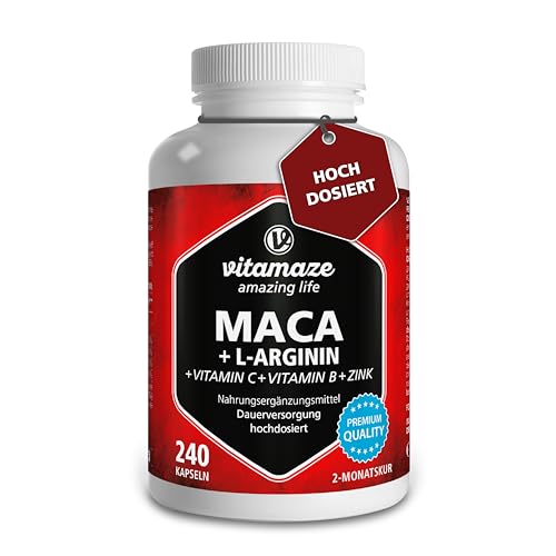 Maca Kapseln hochdosiert 4000 mg je Tagesdosis + L-Arginin + Vitamine + Zink, 240 Kapseln, Pulver aus der Maca Wurzel für 2 Monate, Pflanzliche Nahrungsergänzung ohne Zusätze, Made in Germany