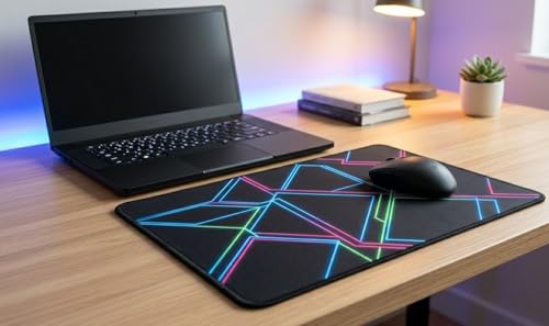 Image of Gaming Mouse Pad with Neon Geometric Design, Smooth Cloth Surface, Anti-Slip Rubber Base, for Official and Gaming
