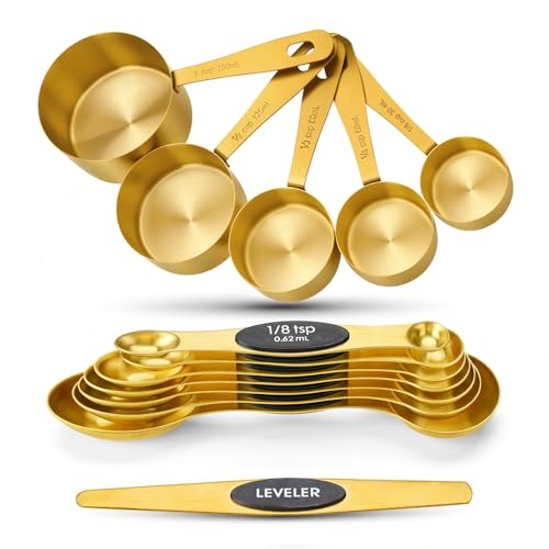 Cuteefun 13 Piece Gold Measuring Cups and Spoons Set, Including 8 Magnetic Measuring Spoons Set with Leveler, 5 Cup Measurements Set, Stainless Steel Kitchen Gadgets for Liquid & Dry Ingredients