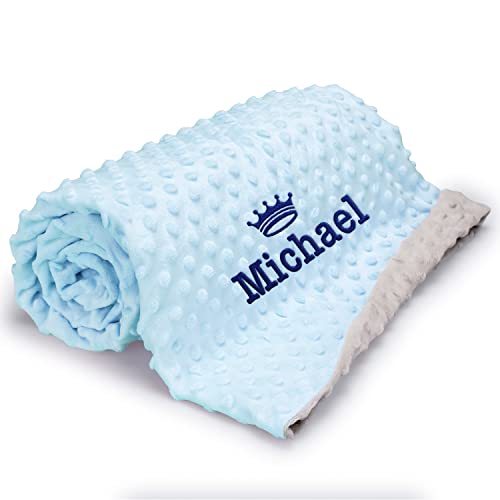 Personalized Minky Baby Blanket w/Name, Icon | 2 Colors, 15 Icons, 7 Fonts | Double-Side Dotted Silky Soft Blanket for Baby Shower - Embroidered Nursery Bed Throw Blankets for Boys - Blue