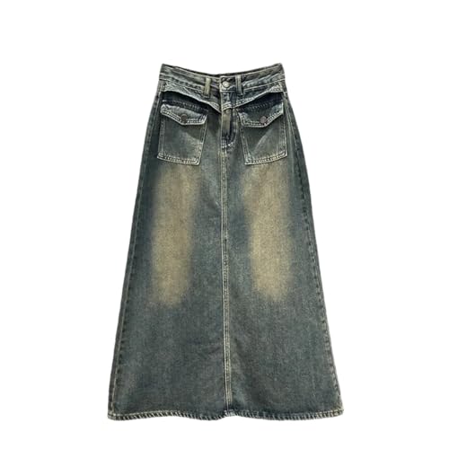 Hndudnff Falda de mezclilla vintage para mujer, cintura alta, bolsillos lavados, falda larga acampanada con abertura, azul, 52