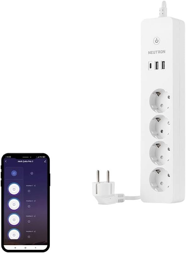 Akıllı Wi-fi Destekli 16a 4'lü Çocuk Kilitli Akım Korumalı Çoklu Priz - NeutronLife Uygulaması Üzerinden Kontrol - Zamanlayıcı Fonksiyon - USB Type-C girişleri - 4'lü Priz