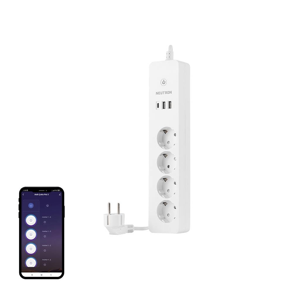 Akıllı Wi-fi Destekli 16a 4'lü Çocuk Kilitli Akım Korumalı Çoklu Priz - NeutronLife Uygulaması Üzerinden Kontrol - Zamanlayıcı Fonksiyon - USB Type-C girişleri - 4'lü Priz
