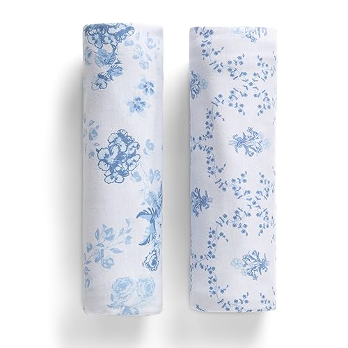 Image of Delta Children 100% Organic Cotton Fitted Crib Sheets, Blue Botanicals + 100% Organic Jersey Cotton Baby Receiving Blankets - 30x40 Inches - GOTS Certified (Pack of 2) (Bundle)