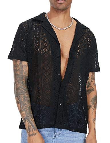 Amazon.com: URRU Mens Floral Lace Shirt Short Sleeve Hollow Out