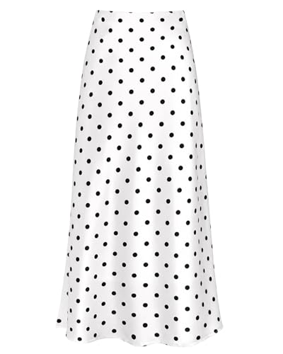 Womens Satin Maxi Skirt High Waisted Silk Long White Polka Dot Skirts Casual Elegant Outfits for Women