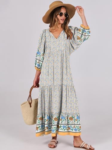 Image of ANRABESS Womens Boho Floral 3 /4 Puff Sleeve Maxi Dress | Tiered Flowy Loose Fit, Comfy Soft Rayon Fabric, Wedding Guest Church Beach, Modest Elegant, Spring Summer Fall Outfits