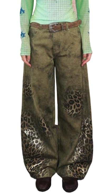 Unisex Y2k Vintage Distressed Gradient Leopard Print Wide Leg Jeans Hiphop Streetwear Grunge Loose Casual Denim Pants