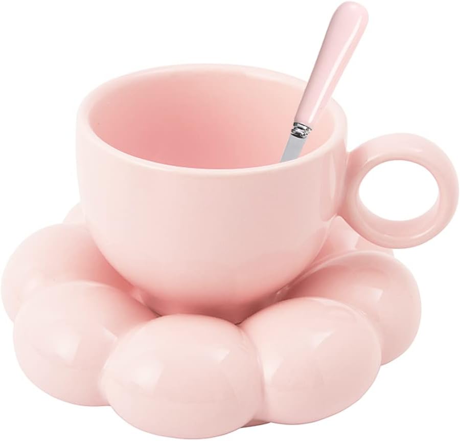 Ceramic Flower Coffee Mug, Creative Cute Mug with Cloud Sunflower Coaster for Office and Home, 6.5oz/200ml for Tea Latte Milk (Pink)