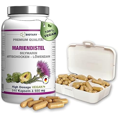 MARIENDISTEL, 240 Kapseln a 680mg, INKLUSIVE PILLENBOX, Hochdosierte Kapseln im 8 Monatsvorrat, Mit Artischocken und Löwenzahn, Hochdosiertes 80% Silymarin Extrakt, 100% Vegan, hohe Bioverfügbarkeit Cover