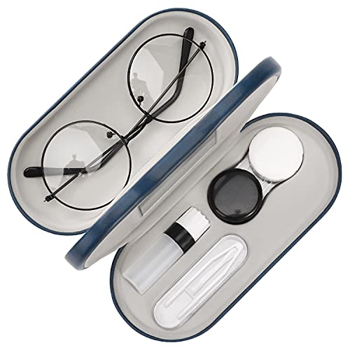 Image of MoKo Double Eyeglass Case, Contact Lens Case with Mirror Tweezers Remover, 2 in 1 Double Sided Portable Contact Lens Box Holder Container Soak Storage Kit Sunglasses Pouch for Men & Women, Blue