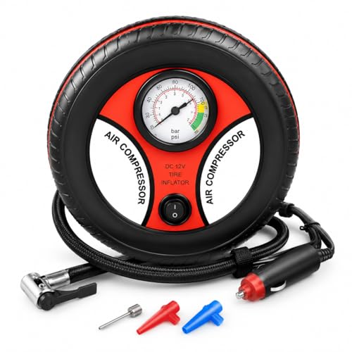 Image of 12V DC Portable Air Compressor Tire Inflator Pump with Analog Pressure Gauge | Car Tyre Air Pump for Cars, Bikes, Scooters & Cycles | Emergency Roadside Air Inflator with Nozzle Adapters