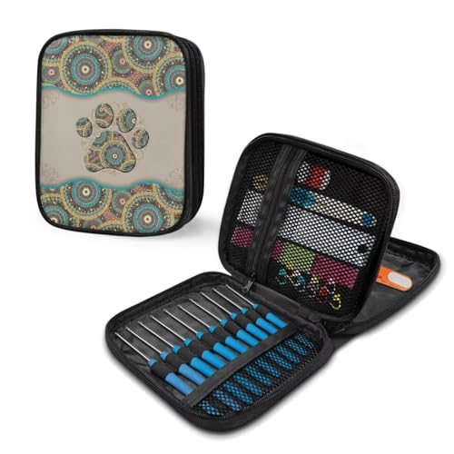 Image of Crochet Hook Case Vintage Dog Paw Crochet Hook Holder Portable Crochet Hook Storage Bag with Web Pockets Suitable for Crochet Needles /Knitting Accessories