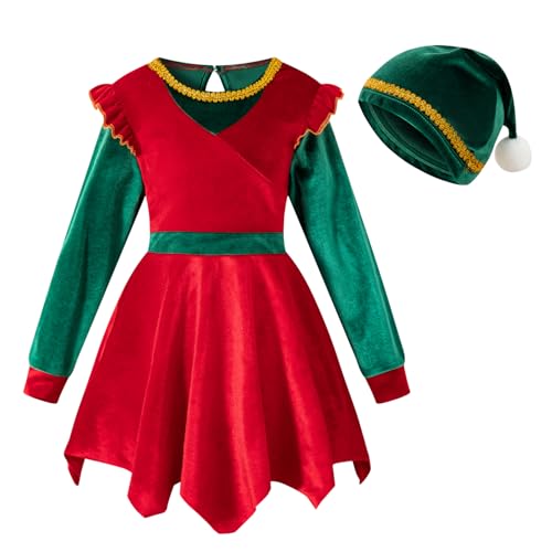 LATOBREATH Little Girl Christmas Red Elf Dress Santa Fancy Outfit Set Party Long Sleeves and Hat11-12Y