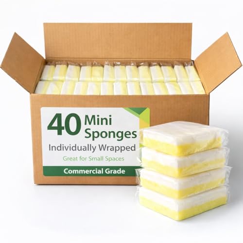 Mini Dish Sponges White & Yellow Half Size Light Duty Cleaning Sponges Individually Wrapped Non-Scratch Kitchen & Household Use 40 Count