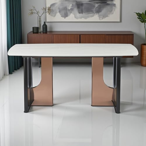 Image of The Attic Contemporary Pedestal Dining Table | White Faux Marble Top & Dual-Tone Black /Rose Gold Base | Rectangular 6 Seater Dining Table for Modern Homes