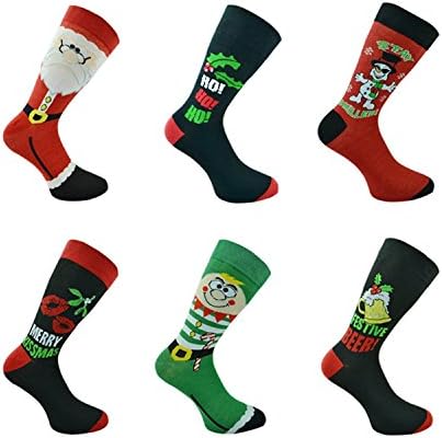 6 Pairs of Mens or Ladies Festive Christmas Socks - Christmas Novelty Xmas Socks - Ideal Stocking Filler (Mens)