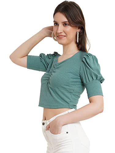 Image of POPWINGS Solid Ribbed Slim Fit Crop Tops for Women | Polycotton Stylish Western 3 /4 Puff Sleeves Casual and Summer Crop Tops for Women