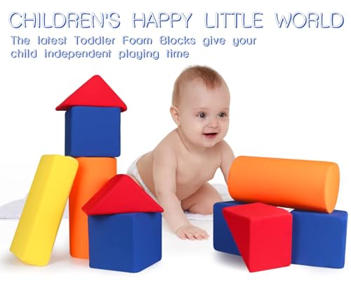 Image of Toddler Foam Building Blocks, 12 PCS + 4 Kinds of Shapes Colourful Stacking Block Sets for Kids, Soft Foam Building Blocks Throwing Toys