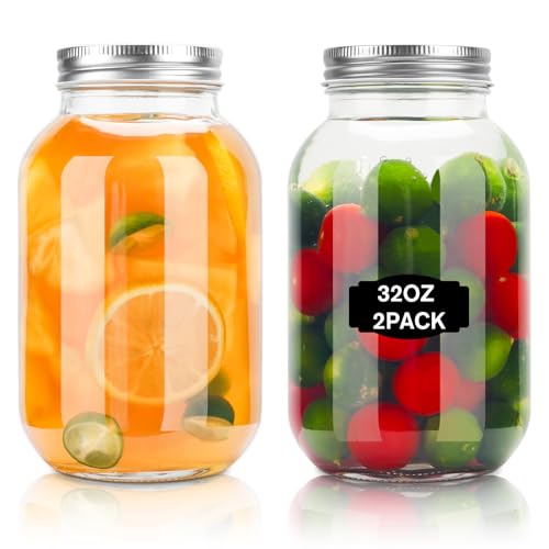ODDMUCK 32oz Mason Jars with Lids 2 Pack Regular Mouth Glass Canning Jars