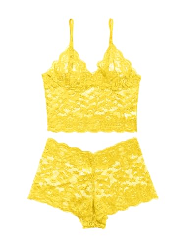 Image of Lilosy Sexy Sheer Floral Lace Pajamas Lingerie Set High Waist Sleepwear Bra and Panty 2 Piece Nightwear