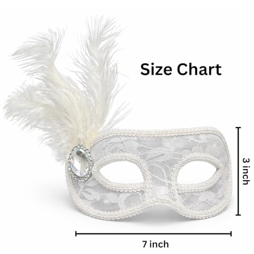 Image of Wanna Party White Lace Feather Eye Mask for Women - Elegant Net Masquerade Party Mask with Feather & Elastic Strap for Halloween, Carnival, Costume & Theme Parties