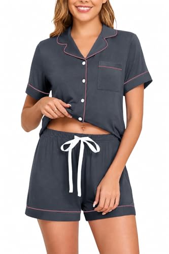 Image of Veseacky Womens Pajamas Set Short Sleeve Sleepwear Button Down Pjs Comfy 2 Pieces Soft Lounge Set S-XXL