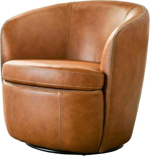 Pemberly Row Traditional Vintage Club Chair, Genuine Italian Leather, Swivel Base, Whiskey Brown Finish, 32.5"W x 29"D x 32"H, Barrel Design, Comfortable Accent Chair for Living Room or Home Office