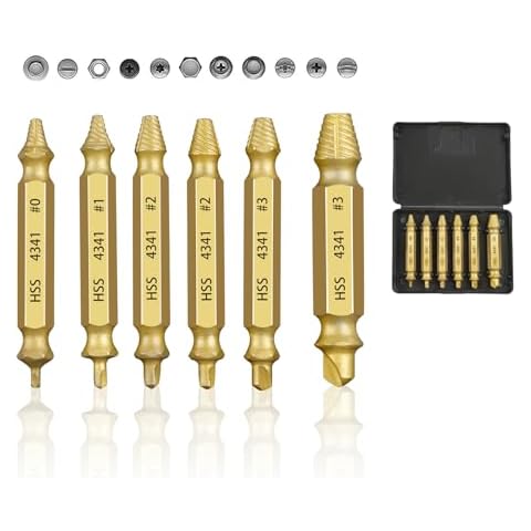 6 Pieces Gold Screw Extractor Kit,HSS 4341 Damaged Screw Extractor Set,Remover for Stripped Head Screws Nuts & Bolts Drill Bit Tools Cover