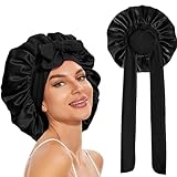 ERBO Seidenhaube zum Schlafen, Silk Bonnet, Verstellbare Schlafhaube Seide, Bonnet Sleep Cap, Satin Haarhaube Damen, Seidenhaube zum Schlafen Lange Haare Locken, Haarhaube für die Nacht (Schwarz)