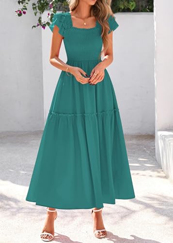 Image of KIRUNDO Smocked Summer Midi Dresses for Women 2026 | Flowy Long Dress, Ruffle Short Sleeve, Square Neck, Pocketed, Sundress for Casual, Church, Wedding Guest, Baby Shower